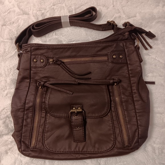 Coffee Brown Vegan High Capacity Crossbody Bag Purse Water Resistant Lightweight - Picture 7 of 11